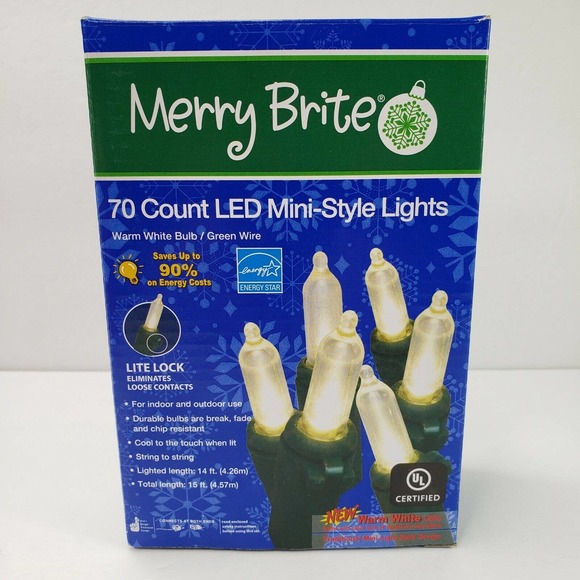 Merry Brite 70 Ct LED Mini Warm White Lights Christmas Green Wire Patio Weddings - Picture 1 of 7